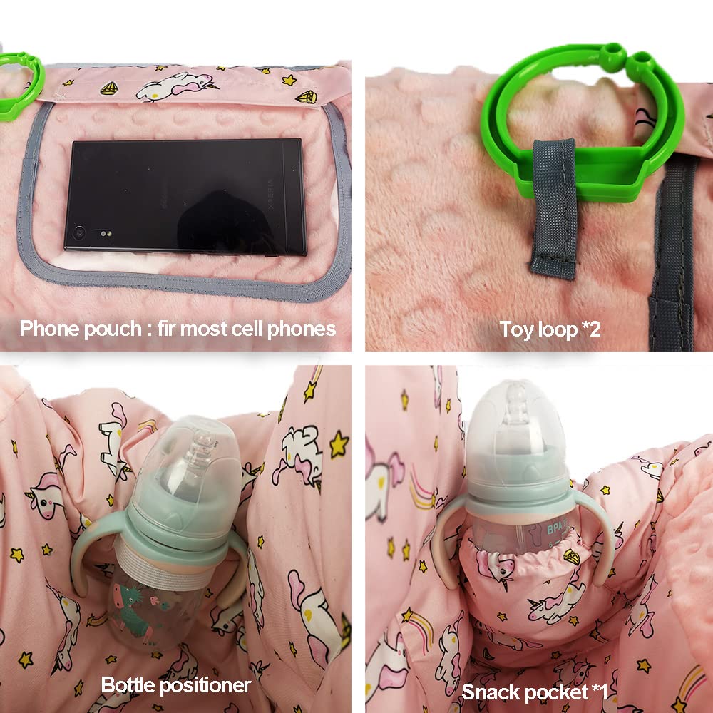 Shopping cart Cover for Babies-high Chair Cover, Dotted Minky Touching, Multi in 1 Design, 360 Full Protection, roll in and go, Universal fit, Pink Unicorns