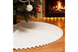 SevenFish 48 Inch Christmas Tree Skirt White Plush Tree Skirt with Pom Pom for Merry Christmas Party Indoor Outdoor Holiday F