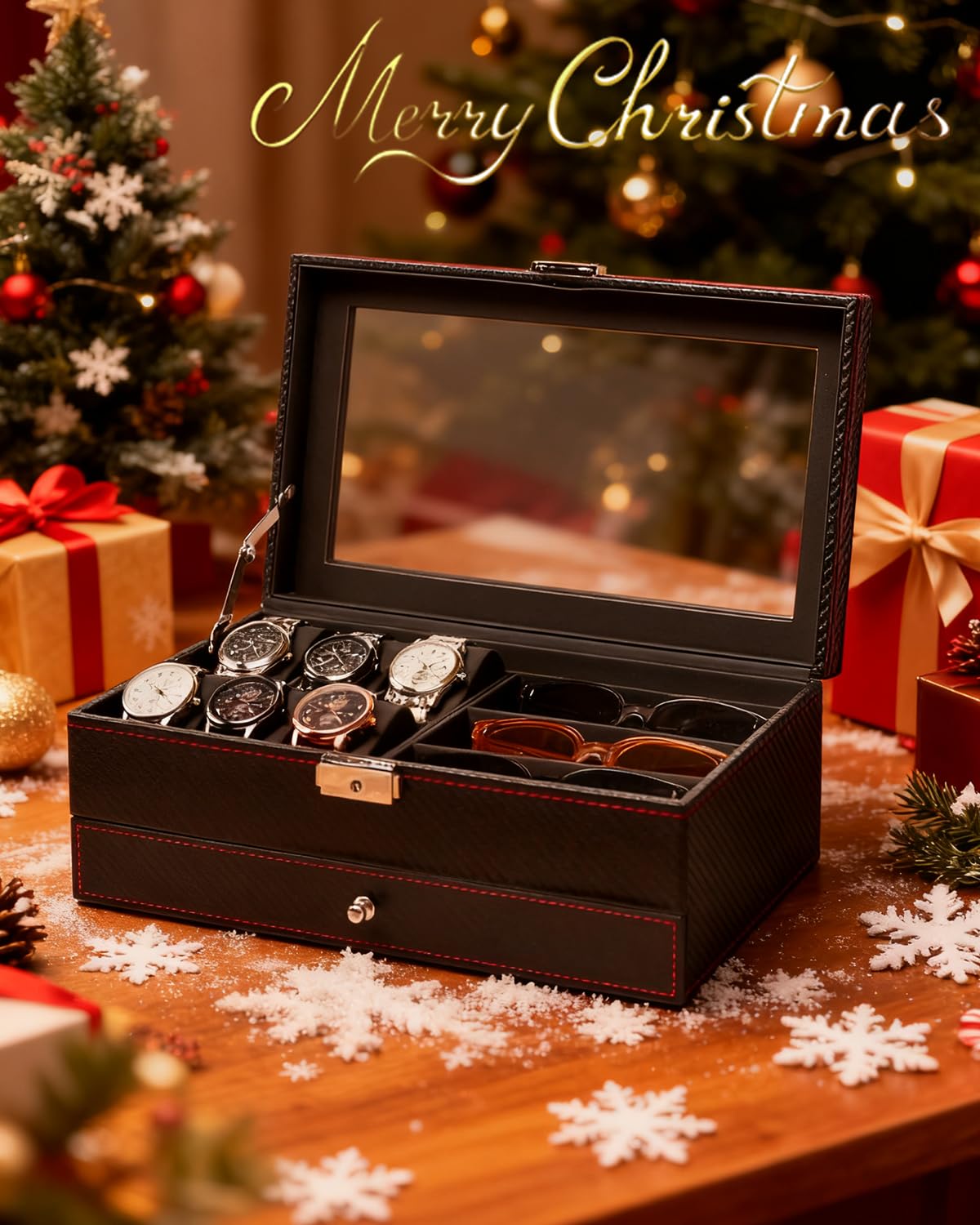 Jenseits Jenseits Watch Box for Mens Jewelry Box, 6 Slot Watch Case & 3 Slot Sunglasses Organizer, Lockable PU Leather Jewelry Organizer Watch Display Storage W/Drawer For Rings Bracelets, Gift for Men Women