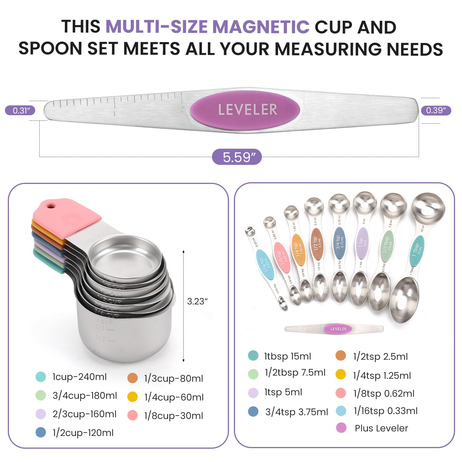 Magnetic Measuring Cups and Spoons Set-Heavy Duty 304 Stainless Steel，Double Measurement Markings，Set of 16 with Leveler for Measure Dry and Liquid Ingredients