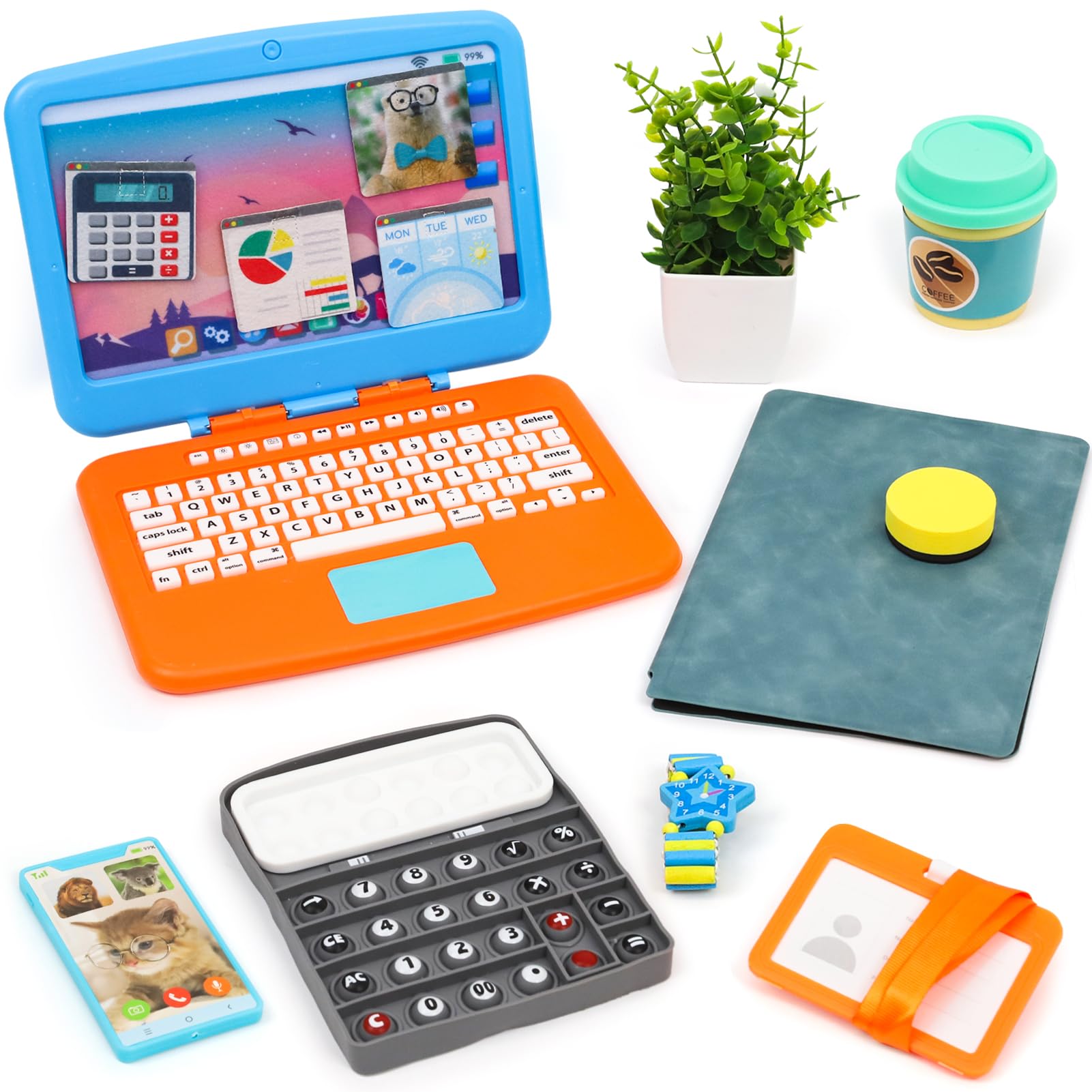 Photo 1 of XIAPIA 10 Pcs Pretend Play Home Office Toys, Pretend Play for Toddlers 3-5-7, Pretend Play Sets with Kids Laptop, Pop-Up Calculator, Notebook, Watch, Coffee & Plant, Birthday Gift for 3 4 5 6 7 Year