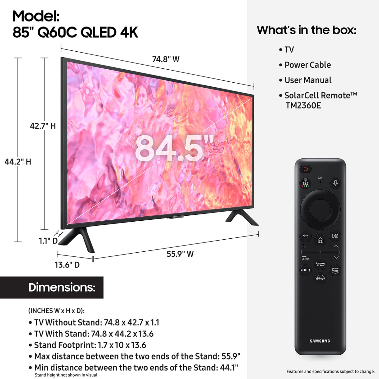 SAMSUNG 85-Inch Class QLED 4K Q60C Series Quantum HDR, Dual LED, Object Tracking Sound Lite, Q-Symphony, Motion Xcelerator, Gaming Hub, Smart TV with Alexa Built-in (QN85Q60C, 2023 Model)