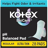 Kotex BioCare Ultra Thin Pads, Wings, Regular, 28 Count | pH Balanced Pad, Gravity Core, 5X System with LeakShield Protection, Made Without Fragrance, Clean &amp; Dry Feel