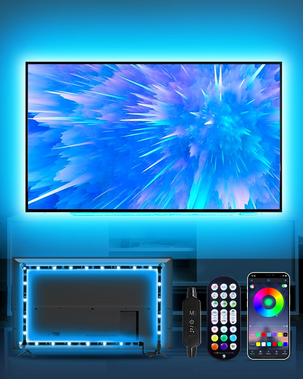 DTQJ TV LED Backlight, 9.84ft LED Lights for 32-45 Inch TV, RGB Colour Changing LED Lights with Remote Control, Bluetooth APP Led Strip Lights,USB Powered for Room Decor