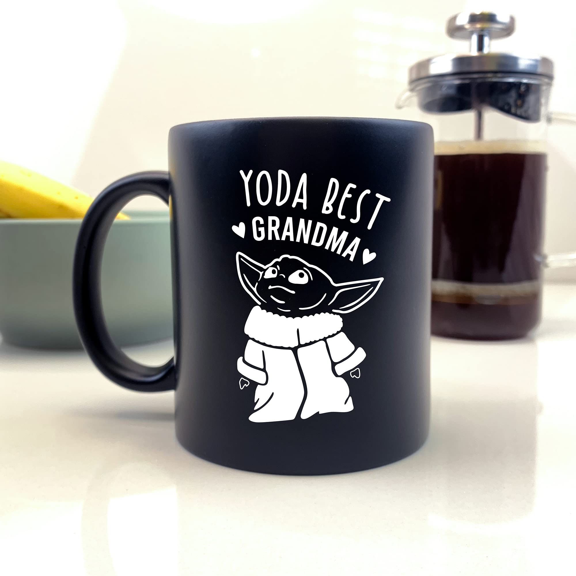 eBuyGB Personalised Coffee Mug, Matt Black Baby Yoda Mug, 350ml Star Wars Themed Tea Cup, Funny Gifts for Grandma, Nanna, Granny (Yoda Best Grandma)