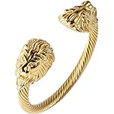 HZMAN Mens Lion CZ Eyes Bracelet Cable Wire Bangle Stainless Steel Gold Plated Biker Punk