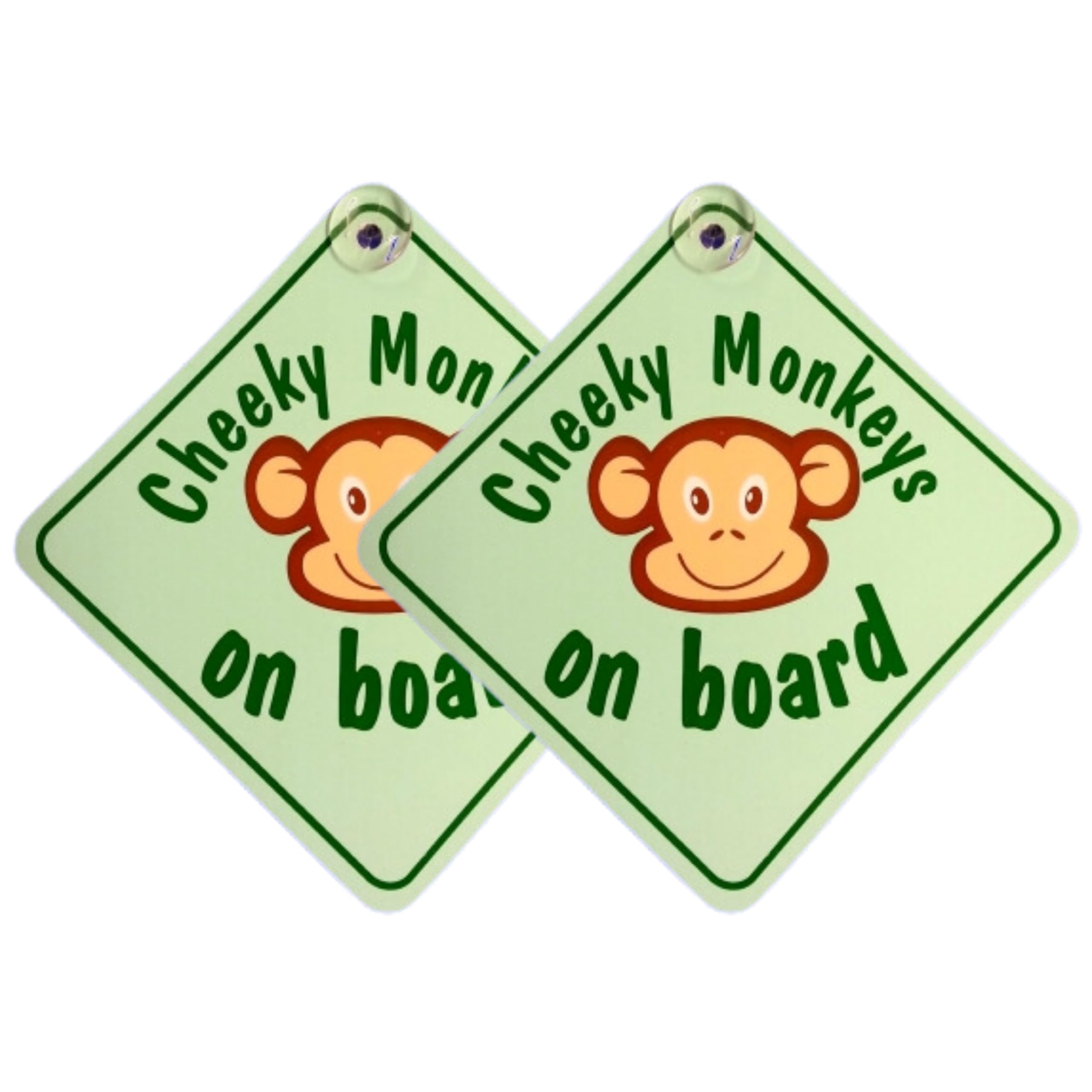 Tek Automotive Green Cheeky Monkeys on Board Car Sign | Twin Pack | Baby on Board Sign for Car | 5.5" x 5.5" with Suction Cup | Baby Car Sticker | Fun Baby on Board Badge for Kids Safety