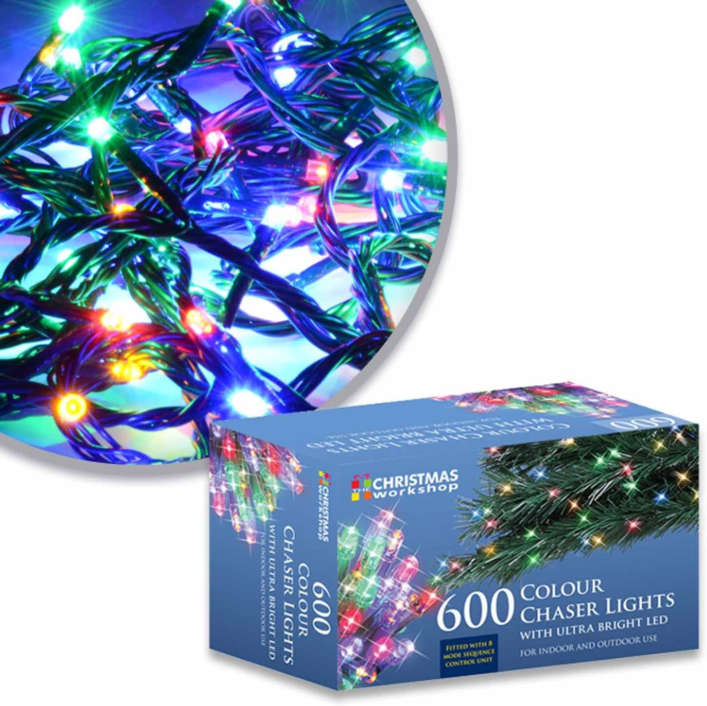 The Christmas Workshop 77570 600 Multi-Coloured LED Chaser Christmas Lights/Indoor or Outdoor Fairy Lights / 41.9 Metres / 8 Light Modes/Great for Christmas Weddings & Gardens