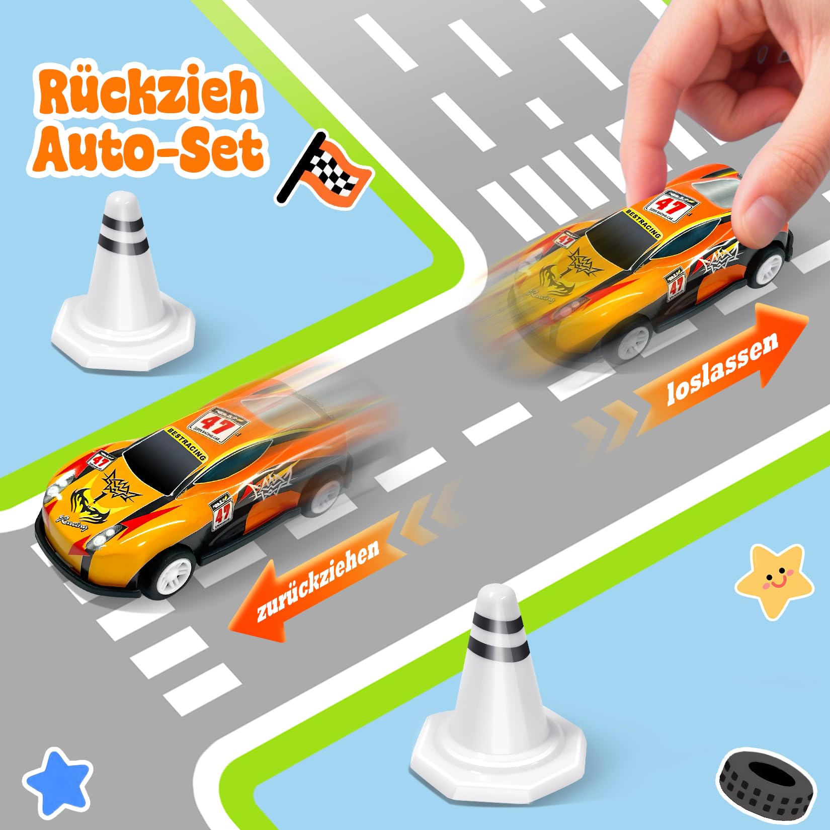 TOYABI Auto Spielzeug Set, 10 Stück Spielzeugautos Metall mit spielteppich & Katapult, Kleine Spielzeugauto, Autos Zurückziehen Fahrzeuge, Geburtstag Geschenk für Kinder ab 3 4 5 6 7 8 Jahre 4