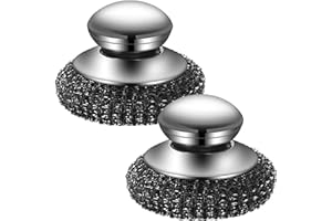 Onewly 2Pack Steel Wool Scrubber with Handle, Stainless Steel Scrubber for Cleaning Cast Iron, Dishes, Stock Pots, Pans, Griddles, Grills