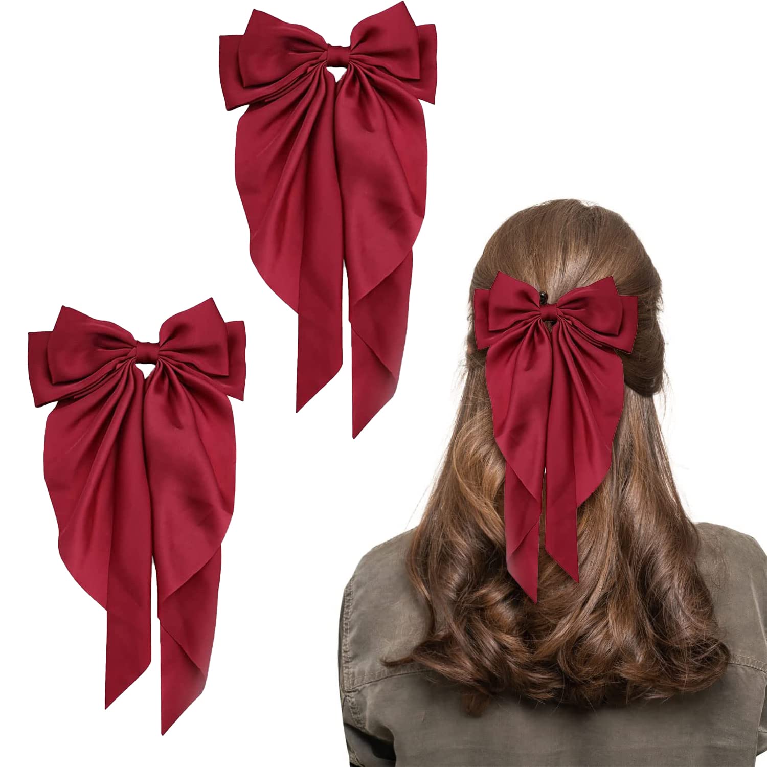 2 Pieces Long Silk Hair Bowknot Hair Clips Satin French Bowknot Clip, Clips Barrette Big Bow, Solid Color Large Hair Clips Accessories for Any Occasion