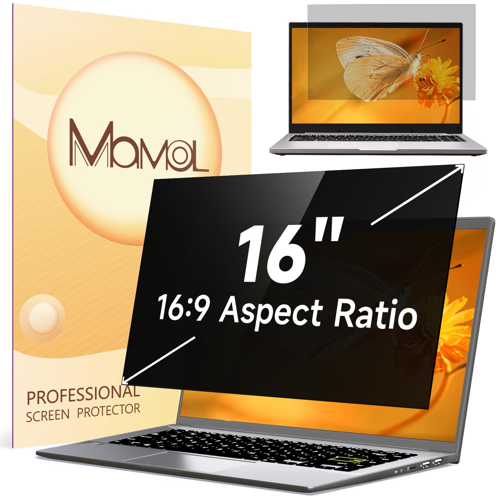 Mamol Laptop Privacy Screen 16 Inch 16:9 Aspect, Compatible with Lenovo, HP, Dell, Acer, Asus, Thinkpad, Envy, Xps - Anti Blue Light Glare, Removable Privacy Shield, Anti-Scratch Screen Protector