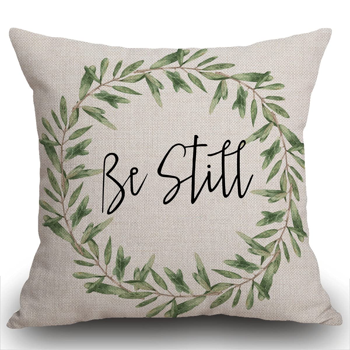 Smooffly Rustic Be Still Green Olive Wreath Vintage Farmhouse Décor Spring Summer Sign Decoration Cotton Linen Home Decorative Cushion Cover Throw Pillow Case with Words for Sofa Couch,18"x18" 45x45cm