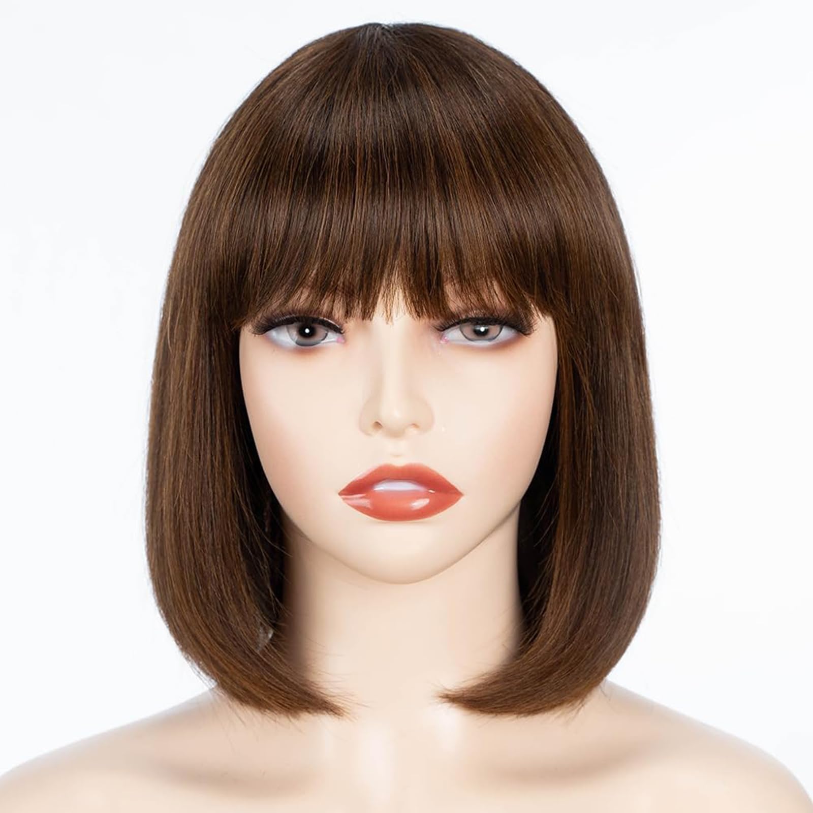 FASHION IDOL Bob Human Hair Wig with Bangs for Black Women Short Straight Hair 10 Inch Brown Glueless Machine Made Short Bob Wigs