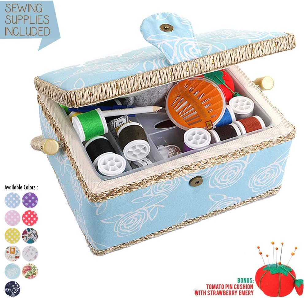 Large Sewing Box with Accessories Sewing Storage and Organizer with Complete Sewing Kit Tools - Wooden Sewing Basket with Removable Tray and Tomato Pincushion for Sewing Mending - Blue