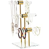 T-Bar Tangle-free Necklace and Jewelry Display Stands, 3-Tier Acrylic Bracelet Holder Stand, Clear Gold Jewelry Organizer with Stainless Rod, Women Vendors Retail Store Counter Bangles Display Stand