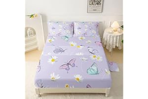 QOOMO Purple Butterfly Sheet Set,Daisy Kids Bed Sheets,Butterflies Printed 16" Deep Pocket Bed Sheet Set for Girls/Kids/Teens，4 Piece Sheet Set, 1 Fitted Sheet,1 Flat Sheet and 2 Pillowcases，Twin Size