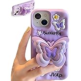 TUFTA Kawaii 3D Butterfly Phone Case for iPhone 12 Pro Max (with Retractable Phone Stand & Grip) Cute Girly Cartoon Soft Silicone Phone Cover for Girls, Boys, Kids, Teens, and Women, Purple