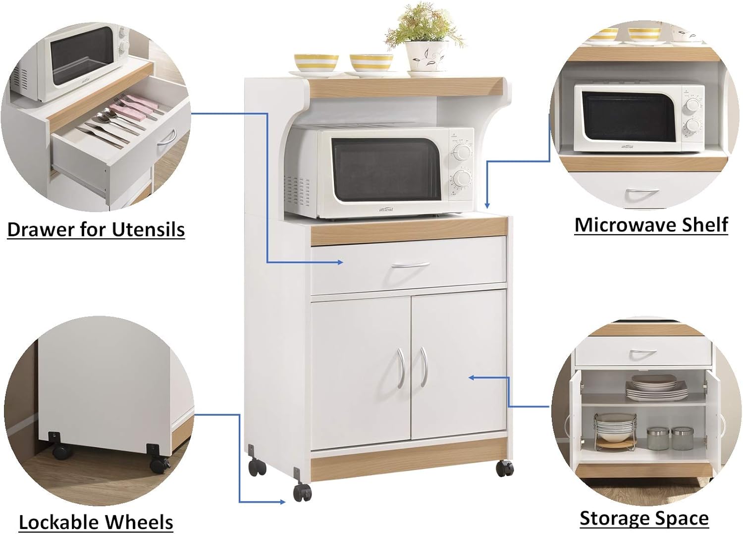 Hodedah Microwave Kitchen Cart, White - Kitchen Islands & Carts