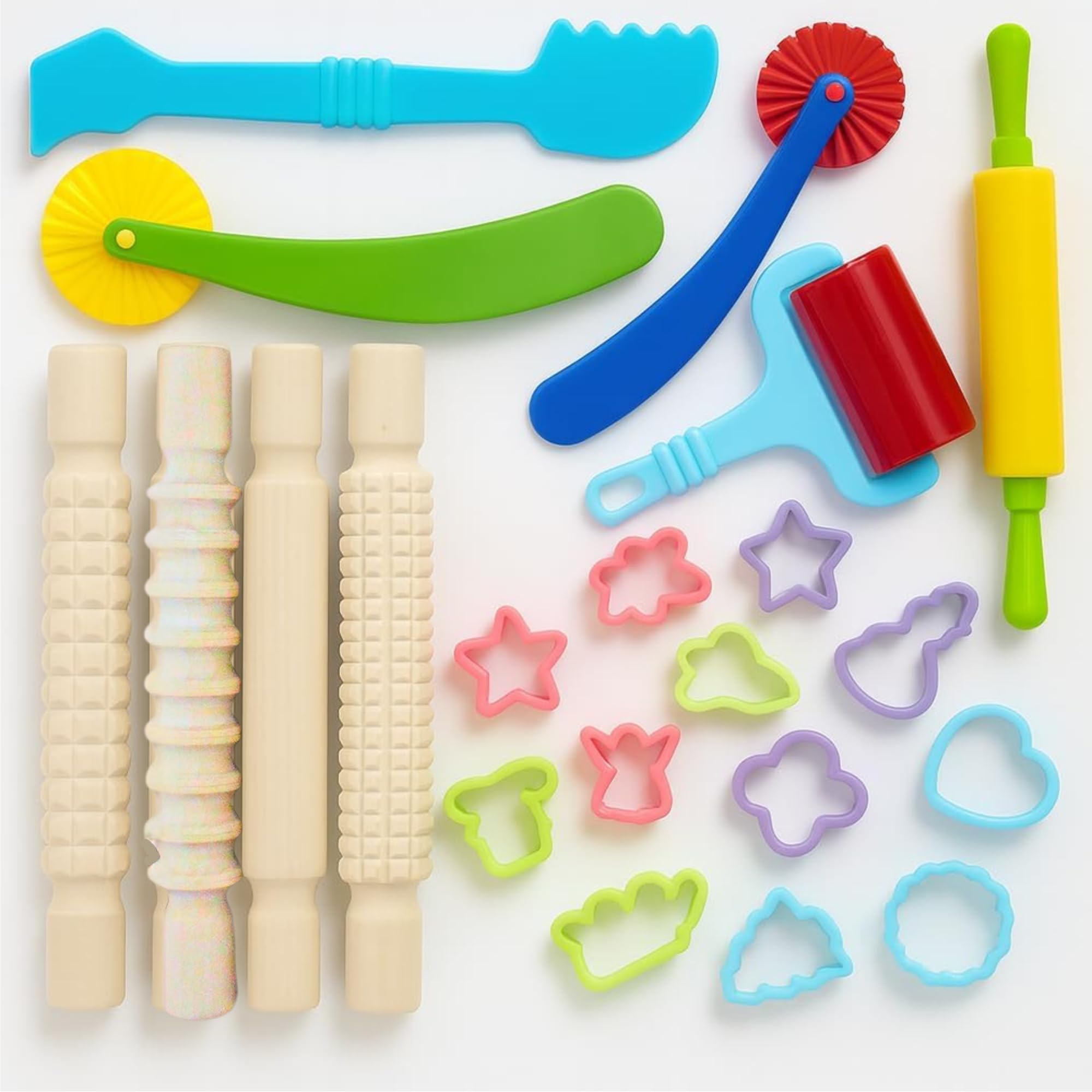 Playdough Accessories & Rolling Pin Set – 21pcs Wooden Tools, Cutters & Shapes for Kids Craft, Toddler Modelling, Preschool & Classroom Creative Play Activities