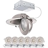 POPANU 4-inch Gimbal LED Recessed - 4 in Lighting 6Pack Canless Brushed Nickel Trim 90° Tilt Swivel LED Eyeball Wafer Slope Ceiling Adjustable Spotlight Dimmable Brushed Nickel 4 inch 6 Pack