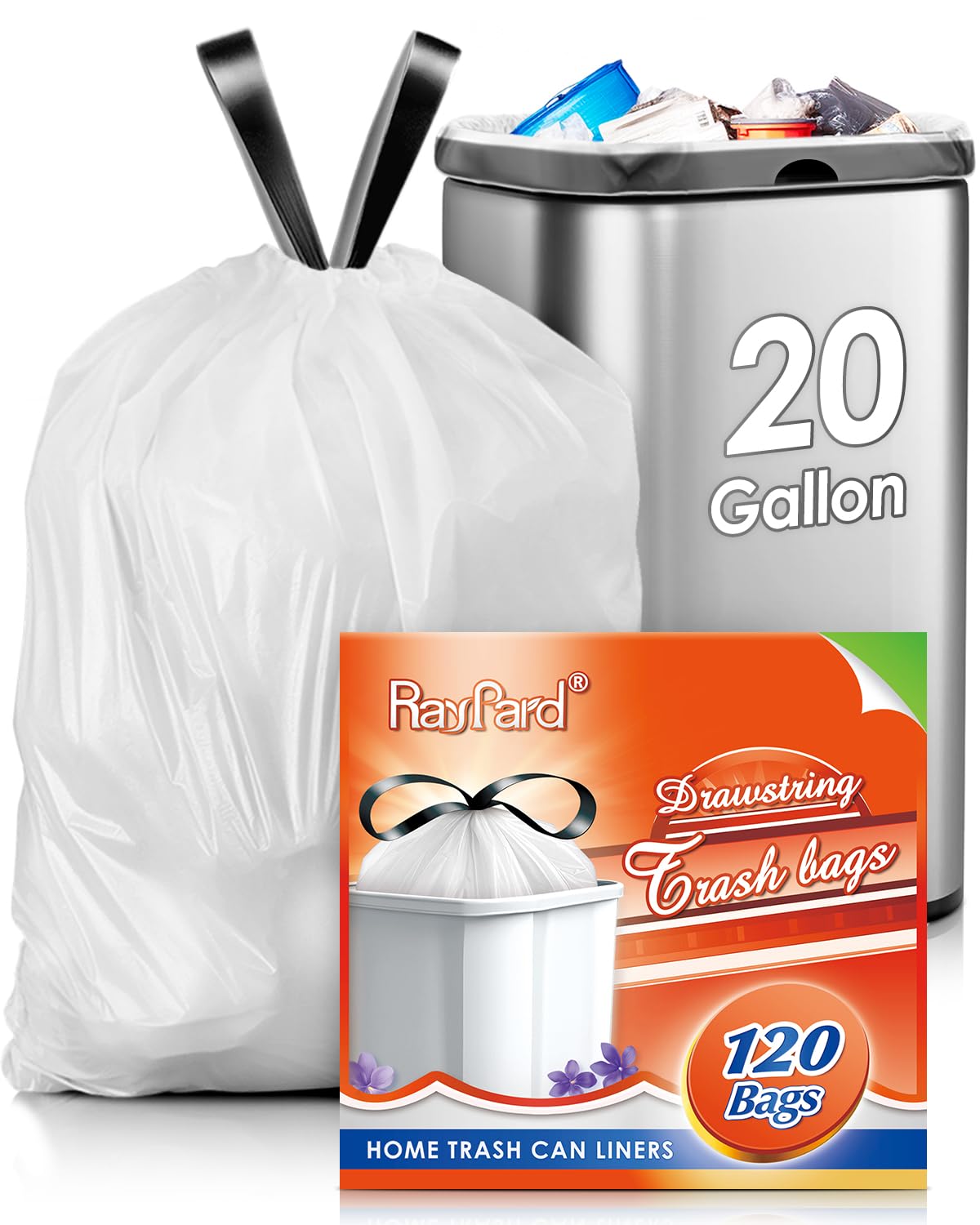 Photo 1 of 20 Gallon Large Drawstring Trash Bags Fit 20-21 Gal, 120 Counts Heavy Duty Tall Kitchen Garbage Liners, Large Trash Bags Size Chart for Home, Office, Outdoor Lawn and Leaf Bags, White