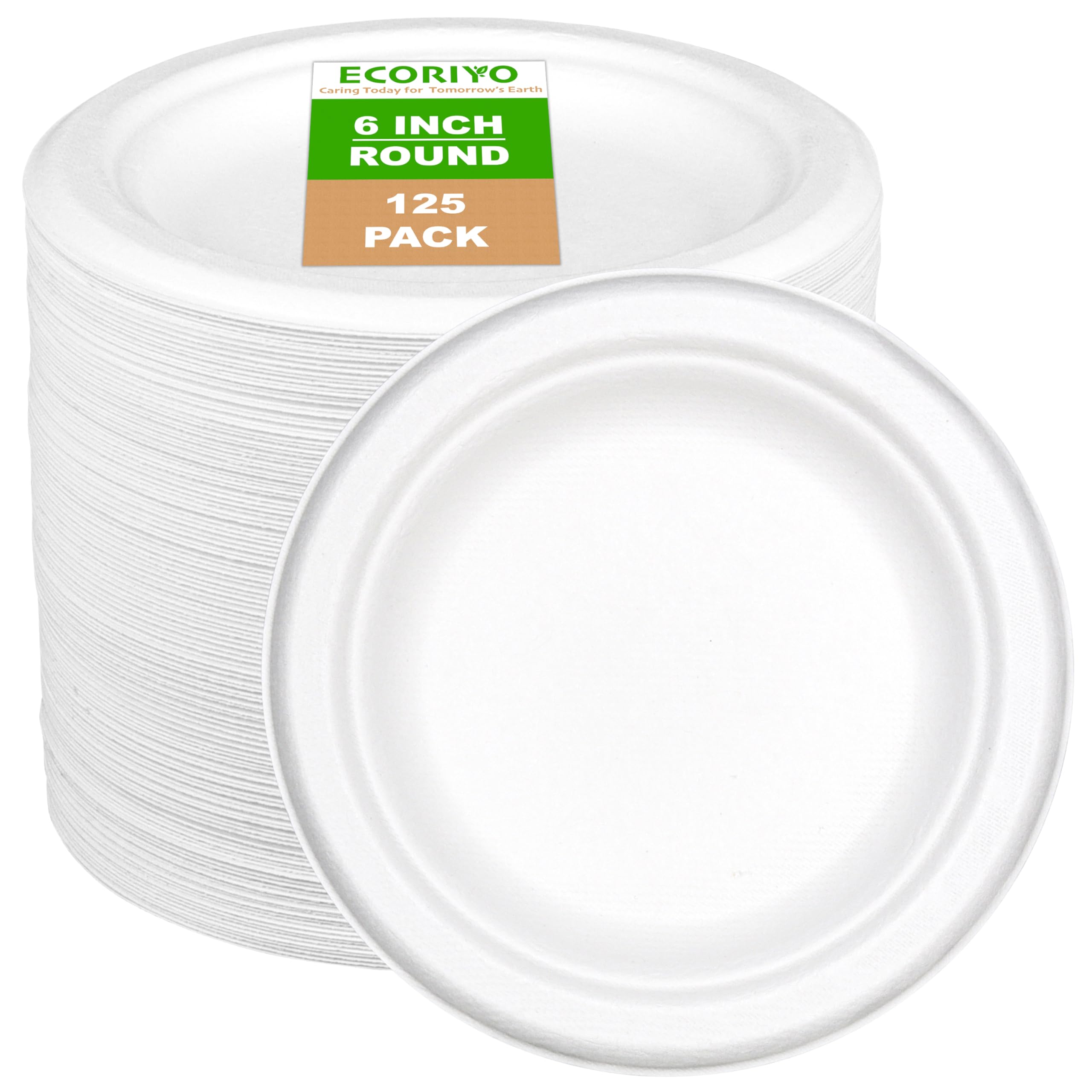 ECORIYO 6 Inches Disposable Paper Plates - 50-Pack of Heavy Duty Paper Plates, Compostable Plates from Sugarcane - Freezer & Microwave Safe