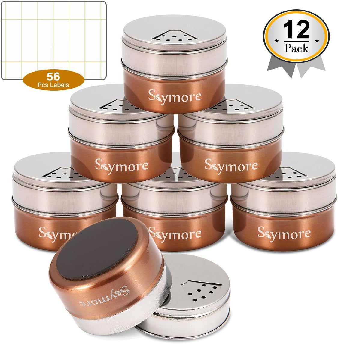Skymore 12PCS Spice Tins Set, Stainless Steel Round Storage Container Jars with Sift or