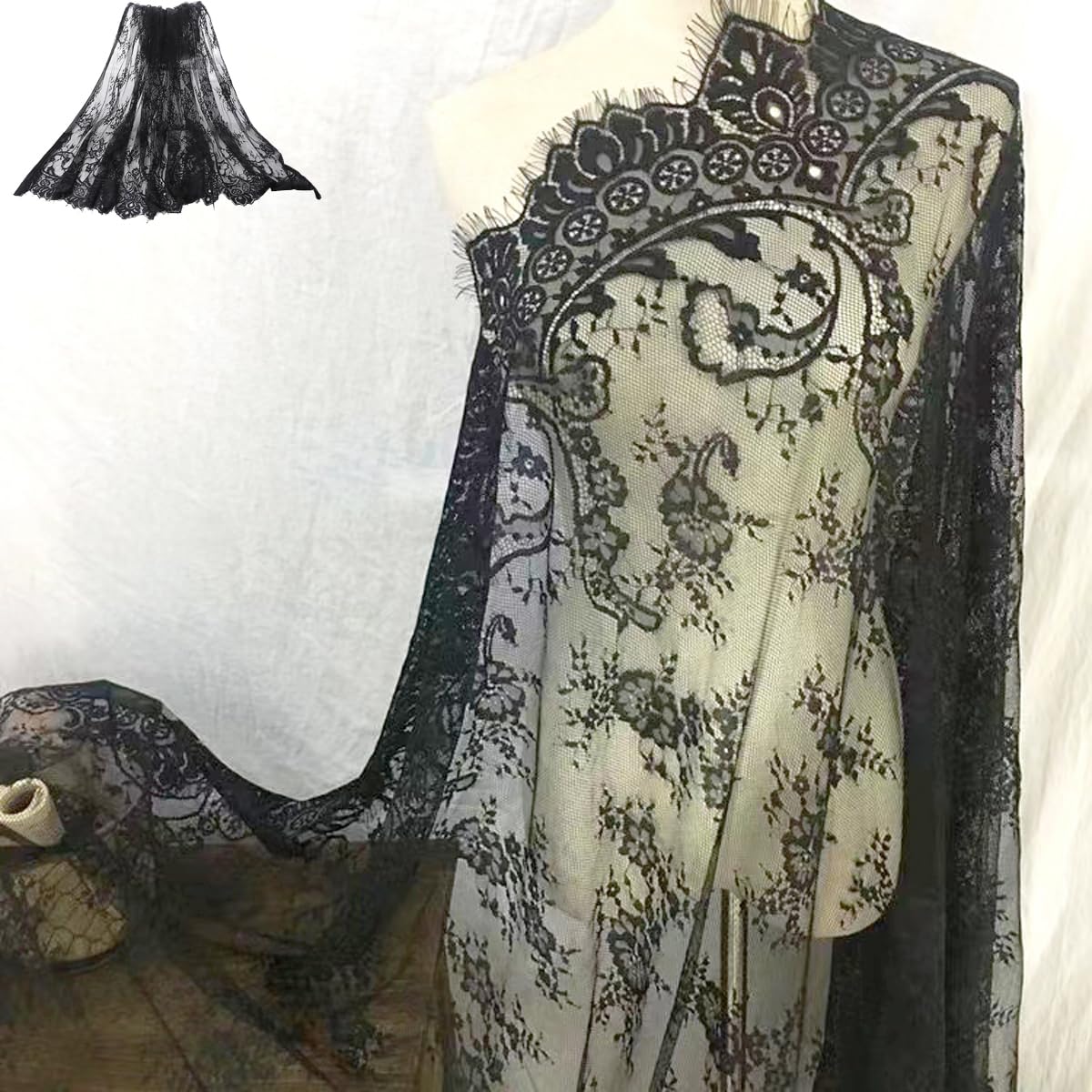 Photo 1 of Black Lace Fabric Embroidery by The Yard Black Dress Ribbon Trim Fabric Ribbon Curtain Accessory Sewing Craft 150 X 150 cm