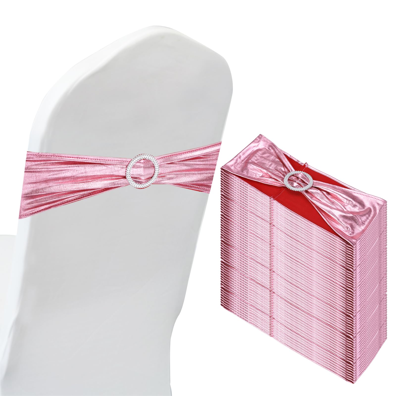 PATIKIL 14"x5" Stretch Chair Sashes Bows, 50 Pack Elastic Chair Bands Sashes with Buckle Slider for Wedding Banquet Decorations, Rose Pink