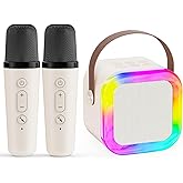 Karaoke Machine for Kids,2025 New Mini Portable Karaoke Toys, Karaoke Speaker with 2 Wireless Microphone & Light for Home Party for Adults (Beige-2Mic)