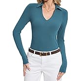 BAISHENGGT Womens Polo Shirts Long Sleeve Business Casual Basic Tops V Neck Ribbed Knit Sweater Slim Fitted Work Blouses
