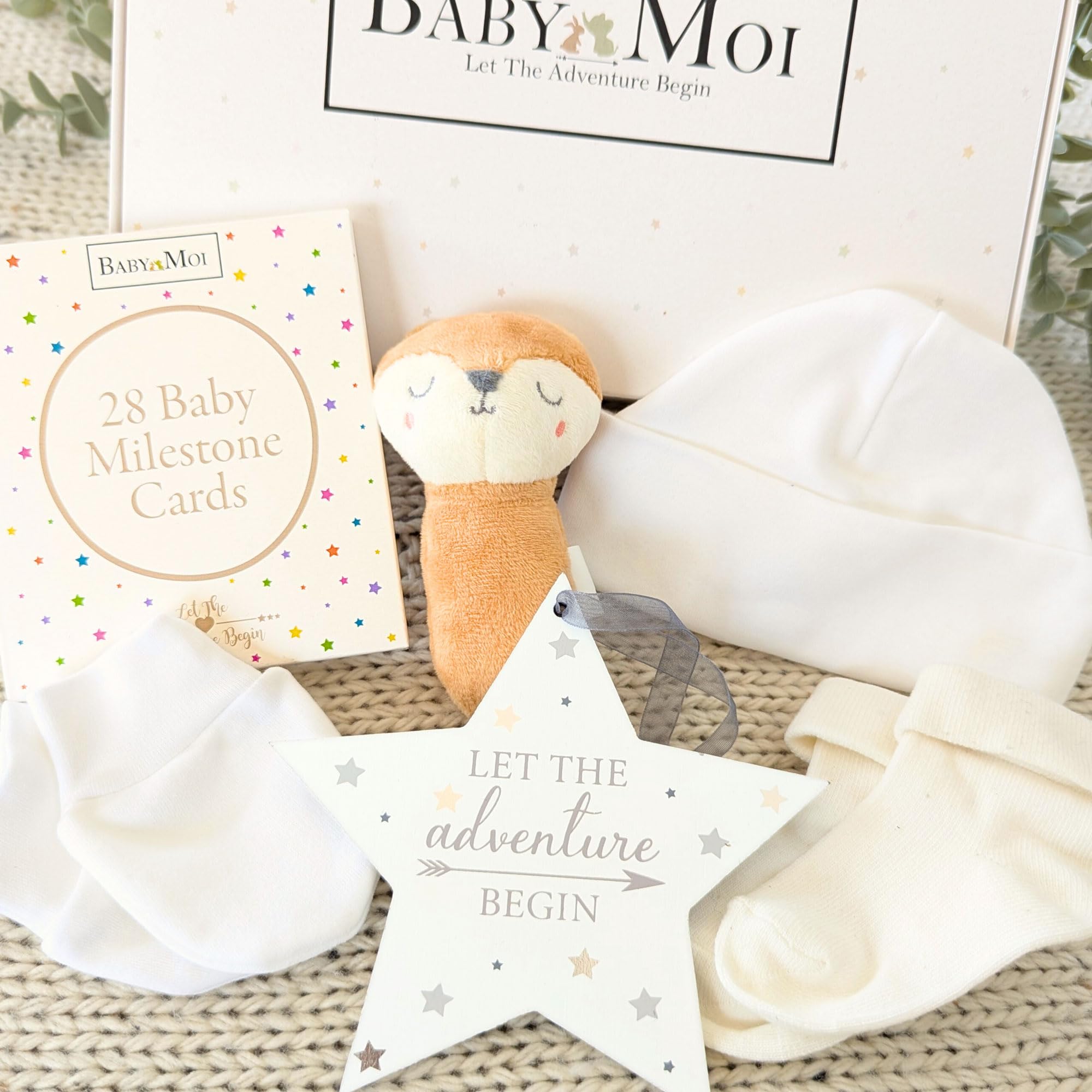 New Baby Gift Set Box Unisex 6 Piece The Sleepy Fox, Baby Milestone Photo Cards Hat Mitts Socks Star Plaque Baby Shower Gifting