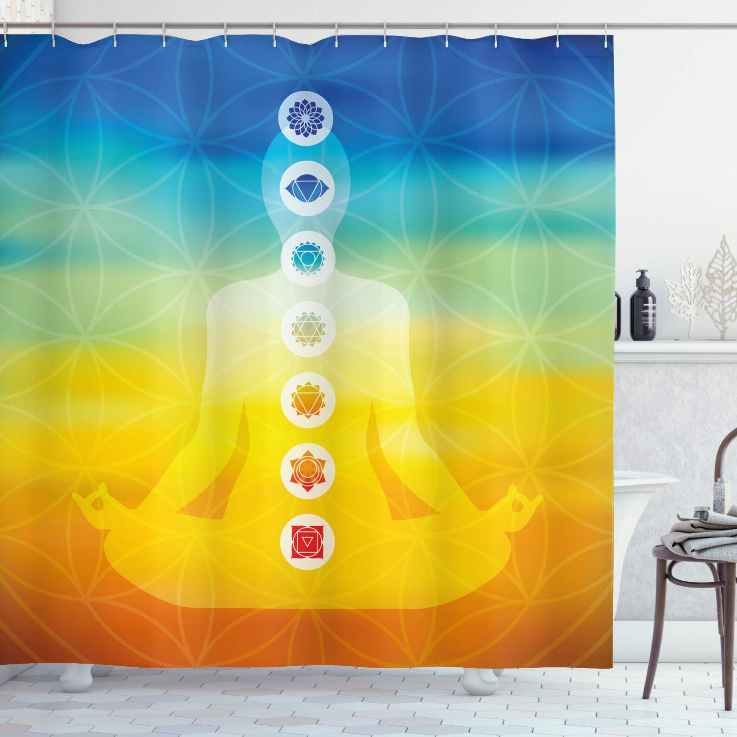 ABAKUHAUS Chakra Shower Curtain, Gradient Colored Digital Female Human Body with Central Chakra Points Design, Cloth Fabric Bathroom Decor Set with Hooks, 70 Inches, Multicolor