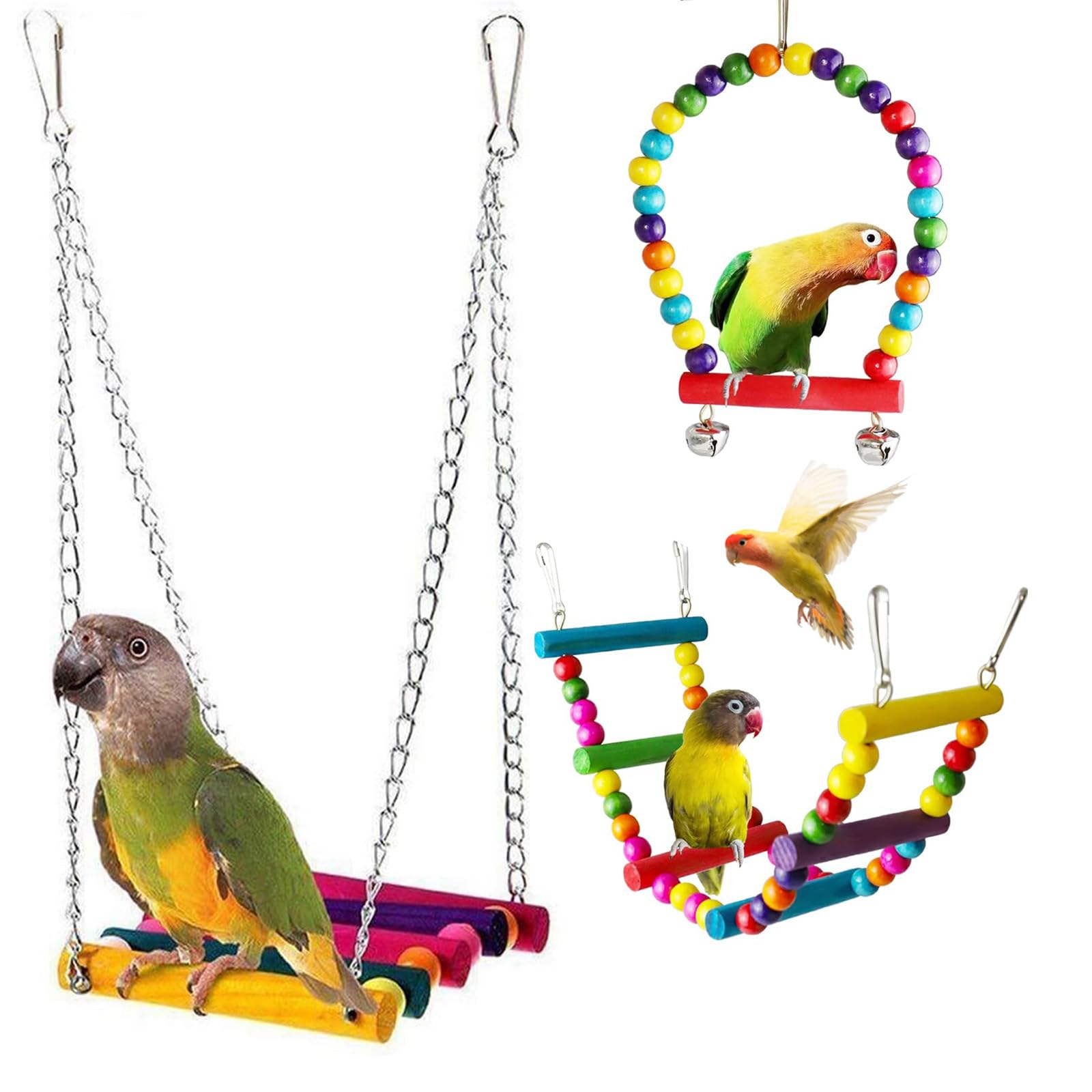 3 Pack Budgie Toys, Cockatiel Toys Bird Toy, Colorful Wooden Budgie Swing, for Chewing, Climbing, and Hanging in Bird Cages - Ideal for Parakeet, Cockatiel, Lovebird