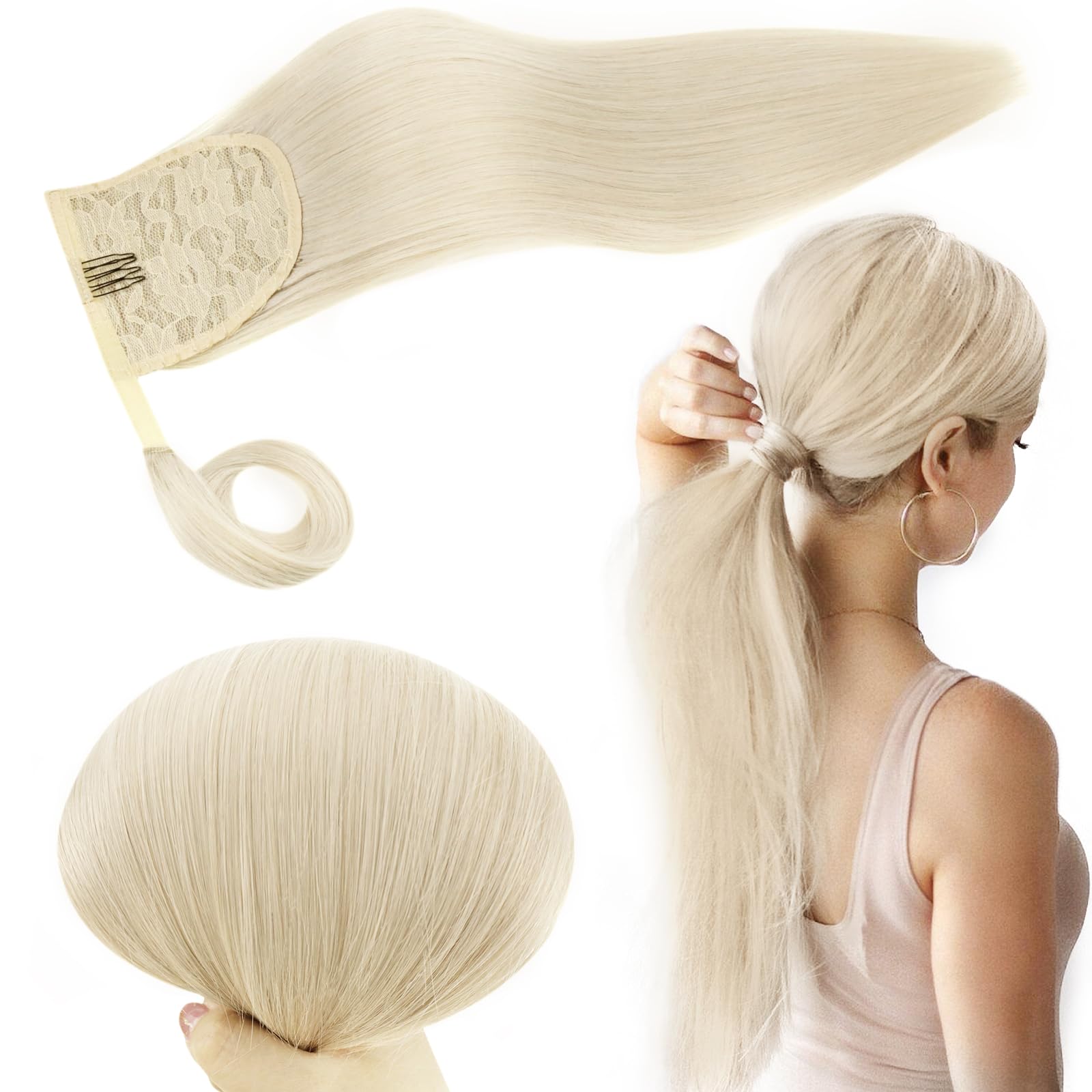 Real Hair Ponytail Extension Blonde Ponytail Extension Human Hair White Blonde Hair Extensions Ponytail 20 Inch 80 Gram #800 — image 1