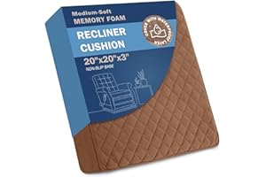 COMFORTANZA Medium-Soft 20x20x3 Memory Foam Recliner Chair Seat Cushion for Long Sitting - Armchair Pad with Washable Velvety Cover with Waterproof Layer & Non-Slip Base for Seniors & Elderly - Brown