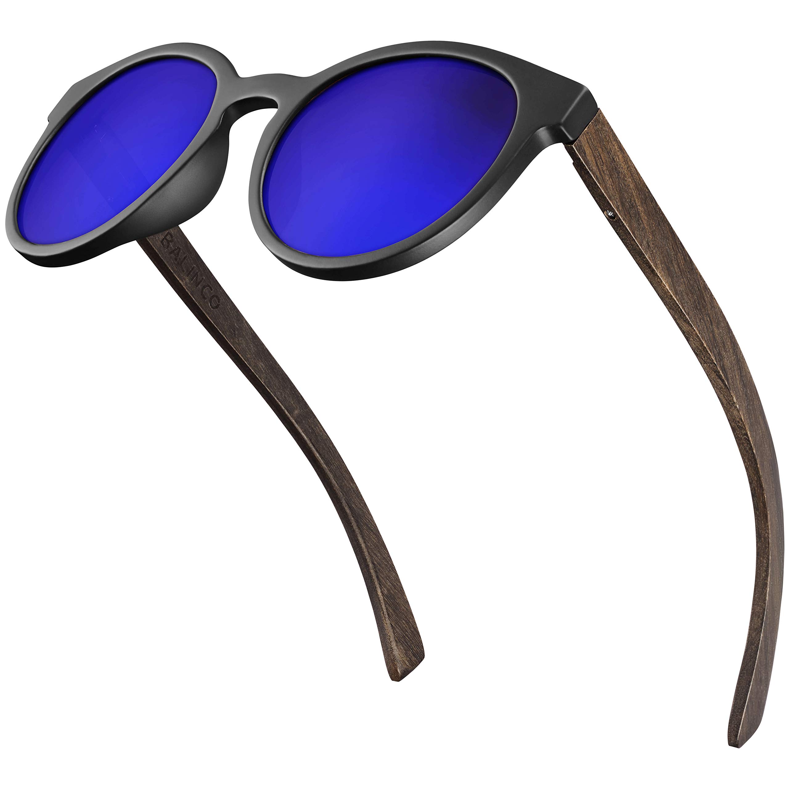 Balinco® Bamboo Sunglasses with round polarised lenses - in practical accessory set incl. gift box - with UV400 protection & TAC lenses - suitable for men & women (Blue mirrored)