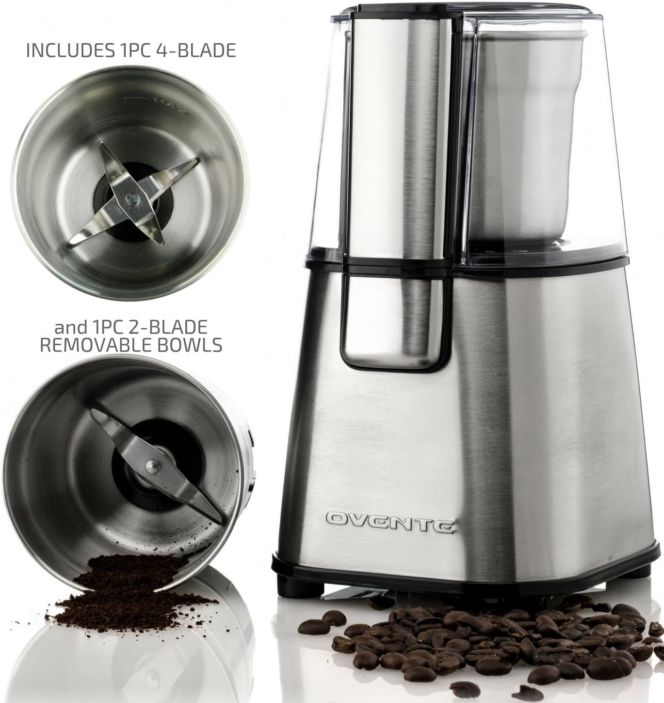 OVENTE Electric Coffee Grinder 2.1 Ounces with Removable 2-Blade Grinding Bowl, 200 Watts Powerful Motor, Fast Grinding, a Bonus 4-Blade Removable Stainless Steel Bowl Attachment (CG620S)