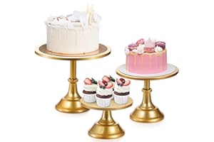 yarlung 3 Pack Gold Cake Stands, 8/10/12 Inch Metal Cupcake Display Stand Pillar Style Dessert Stand for Wedding, Party, Birt