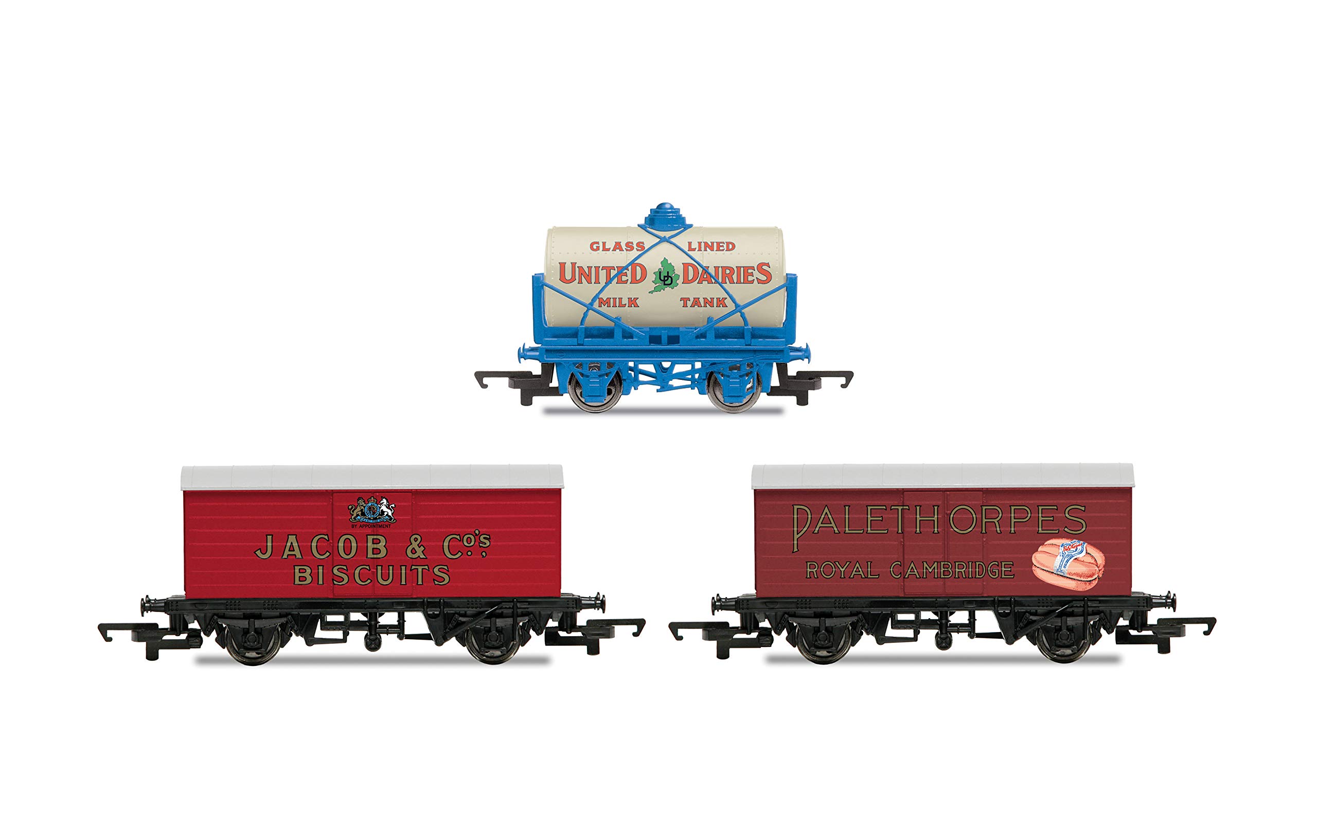 Hornby R6991 Retro' Wagons, Three Pack, United Dairies Tanker, Jacobs Biscuits, Palethorpes Rolling Stock