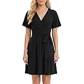 Aphratti Women's Fit and Flare Summer Dresses V Neck Short Sleeve High Waist Casual Floral Faux Wrap Dress