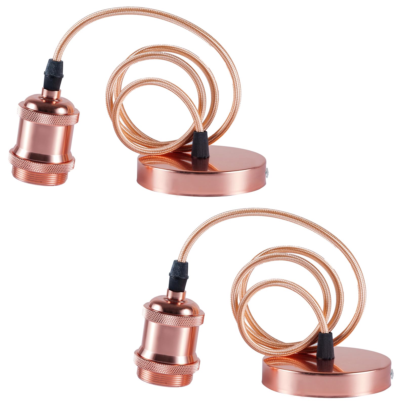 Sevenpers E27 Ceiling Pendant Light Fitting, 2 Pack Rose Gold Vintage Style Ceiling Rose Light Fitting with Lamp Holder Braided Cable Pendant Light Kit (with Ground Wire)