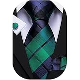 Barry.Wang Designer Classic Ties for Men Set Formal Pocket Square Cufflink Check Plaid