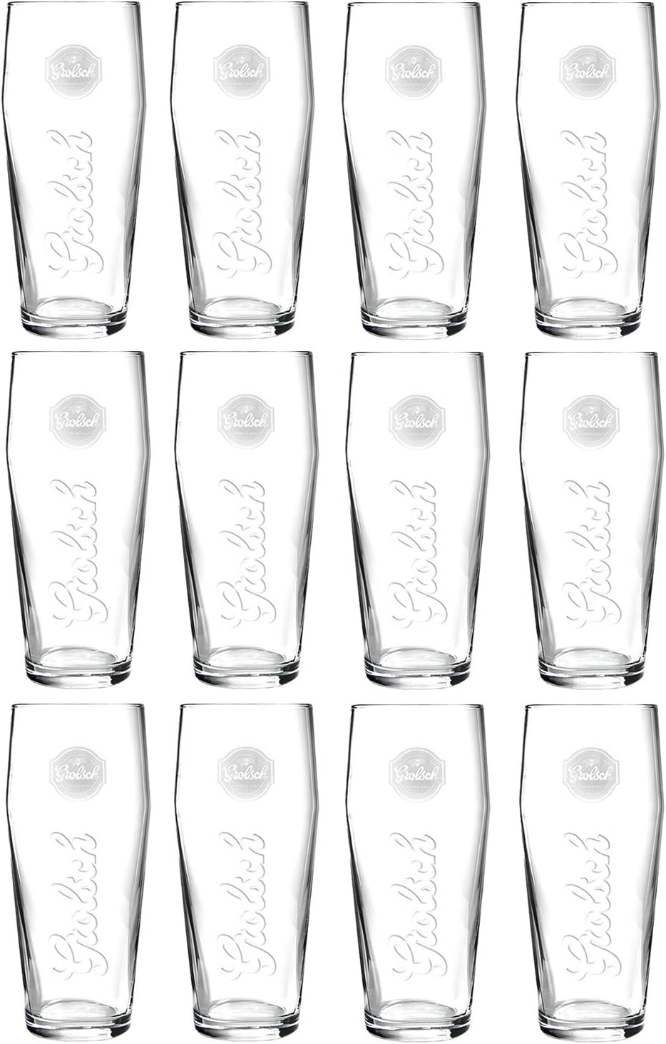 Grolsch Lager Pint Glass Set of 12 x 570ml/19.3oz CE Marked Large & Tall 18cm Oval Base Glasses Embossed Glassware for Beer Ale Bitter & Soft Drinks Dishwasher Safe Home Pub or Commercial Use