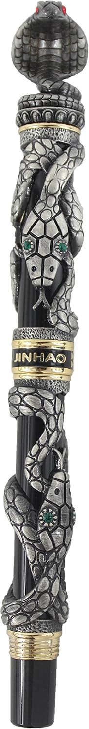 Sipliv Fountain Pen 3D Snake Heavy Metal Pen - Antique Silver, Black and Antique silver - Image 3