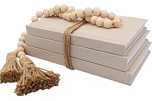 KIGAN HOME INC. Kigan Home Linen Decorative Books, Set of 3 (Assorted Size Latte Beige) - Neutral Fabric Books with Wooden Bead Garland for Boho Home Decor, Shelves, Fireplace Mantel, Coffee Table, Tiered Tray