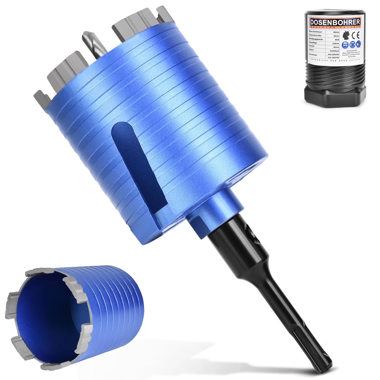 M16 Diamond Socket Countersink Turbo Drill Bit 82 mm with SDS Plus Drill Bit, 6 Diamond Segments, Usable Length 95 mm, Socket Drill, Crown Drill, Hole Saw for Masonry, Sand-lime Brick, Plaster etc
