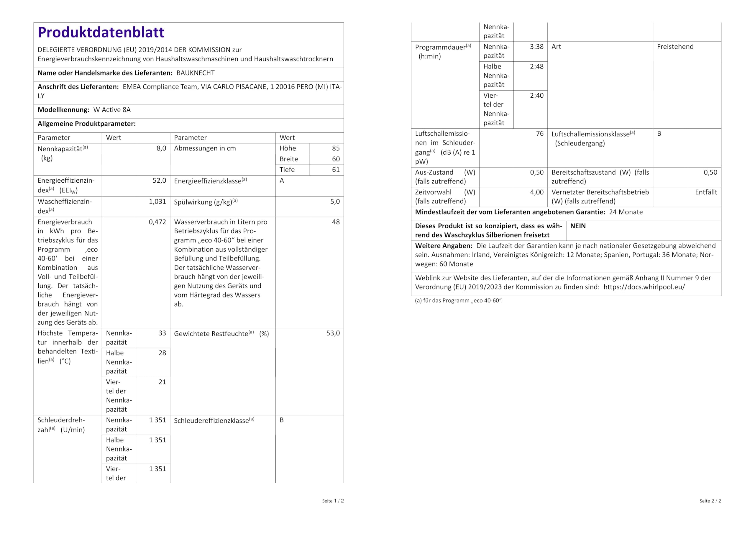 Bauknecht W Active 8A Waschmaschine Frontlader/ 8kg/ kraftvolle Fleckentfernung/ Dampf Programme/ Steam Hygiene Option/ Energieeffizienzklasse A/ Stopp&Add Funktion/ ProSilent-Motor [Energieklasse A]