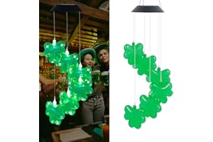 St. Patrick's Day Shamrock Solar Wind Chimes, St Patrick's Day Decorations Wind Chimes Outdoor Solar Hanging Green Lights for